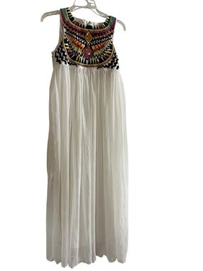 White Embroidered Embellished Maxi Dress - S